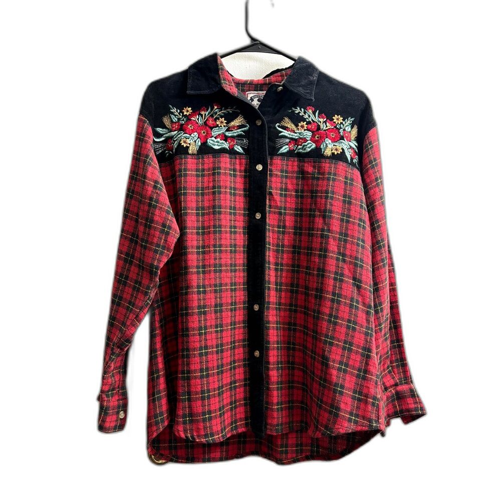 Women's Vintage Red Plaid Embroidered Velvet Collar Western Blouse Size M